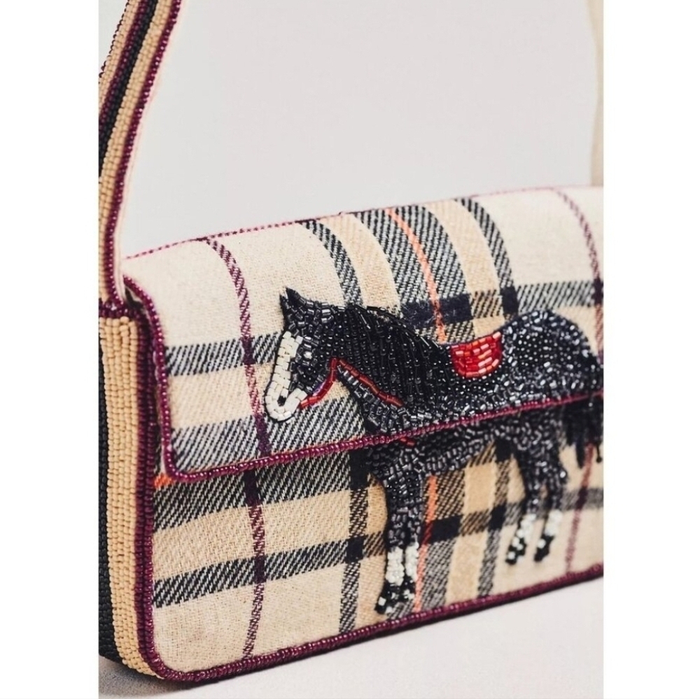 Anthropologie Fiona Beaded Horse Equestrian British Check Old Money NWT